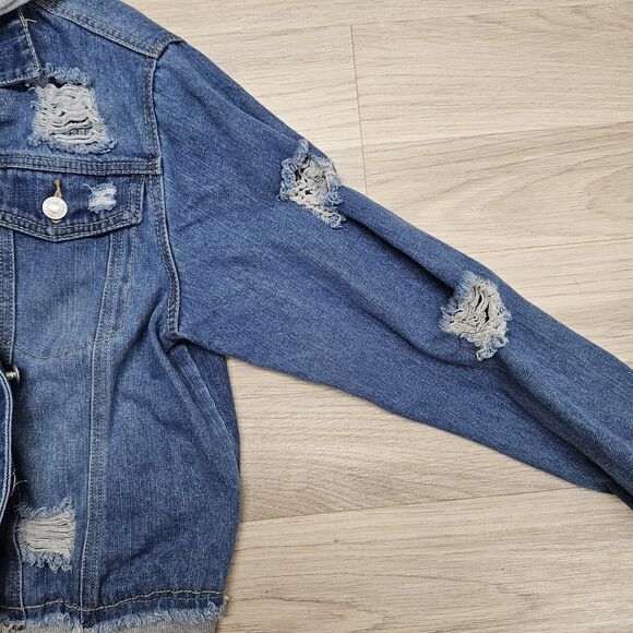 THRILL JEANS Womens Blue Gray Layered Distressed Denim Jean Jacket Medium - Picture 8 of 14